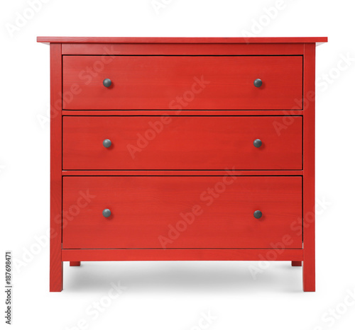 Red wooden wardrobe on white background