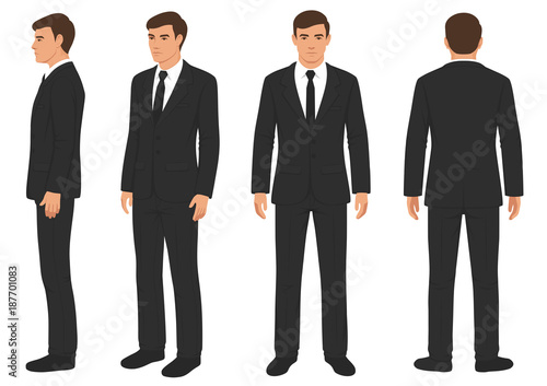  fashion man isolated, front, back and side view, vector illustration, businessman in suit 