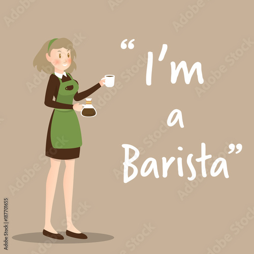 Barista character with coffee cup on brown background