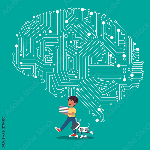 Educated boy and robot with brain mechanism
