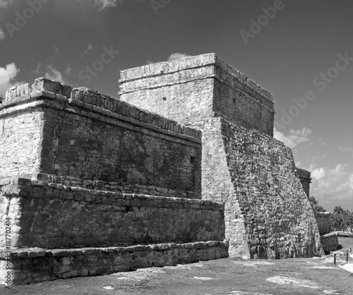Tulum Mayan Ruins - Castillo / Temple of the Diving God and Temple of the Initial Series - Black and White