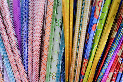 Colorful papers for wrapping gifts.