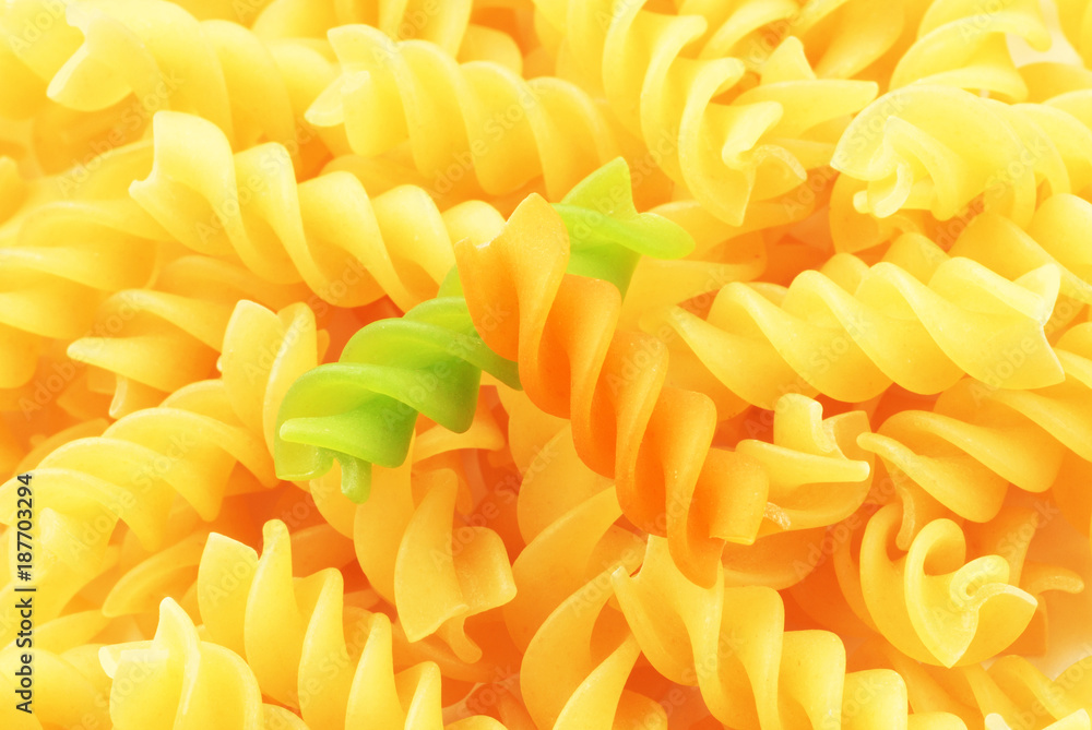 Close up of  three colored fusilli  