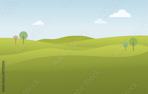 Green landscape and blue sky, minimal, vector