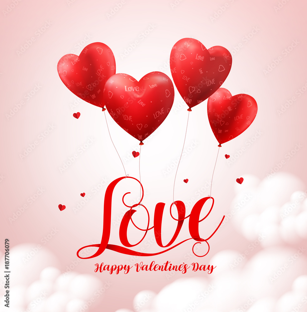 Love typography text with flying red heart shape balloons vector banner design for valentines day greeting card in white background. Vector illustration.
Love typography text with flying red heart shape balloons vector banner design for valentines day greeting card in white background. Vector illustration.