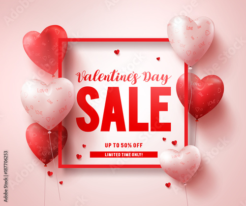 Valentines day sale text banner design with red heart shape balloons and elements in a boarder for valentines day seasonal discount promotion. Vector illustration.
