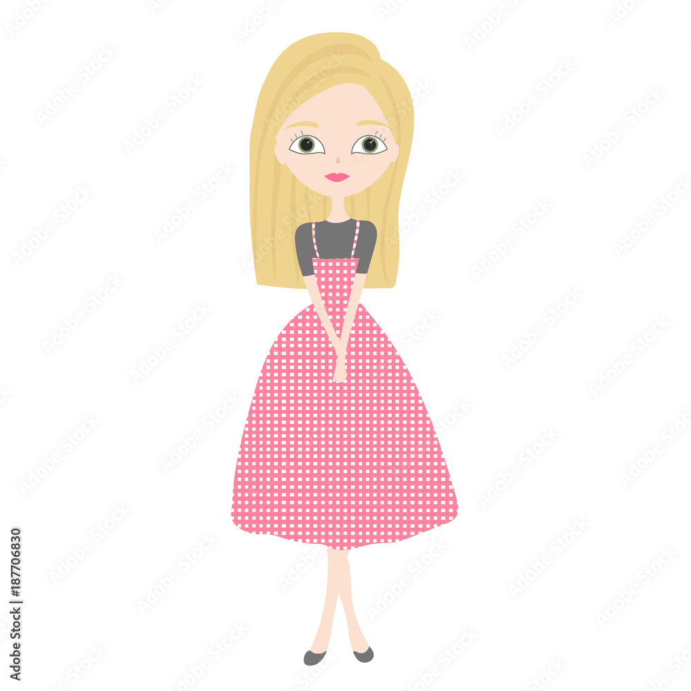 Beautiful cute blonde young girl standing in fashion pink dress Beautiful cute blonde young girl standing in fashion pink dress