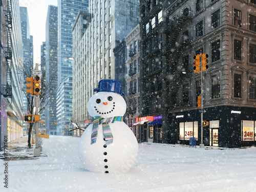 Photography blizzard in new york city. build snowman. 3d rendering