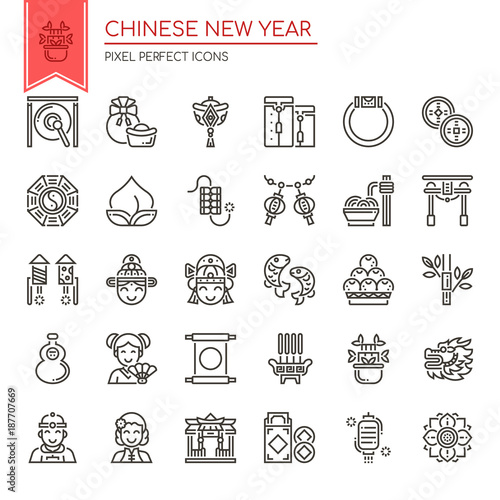 Chinese New Year Elements   Thin Line and Pixel Perfect Icons.