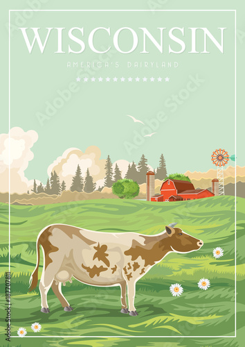 Wisconsin vector illustration. American dairy country. Travel postcard of United States.  US background