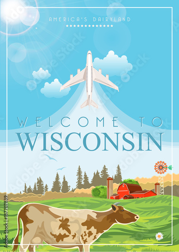 Wisconsin vector illustration. American dairy country. Travel postcard of United States.  US background