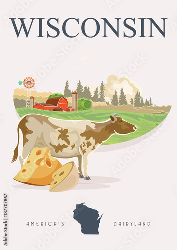 Wisconsin vector illustration. American dairy country. Travel postcard of United States.  US background