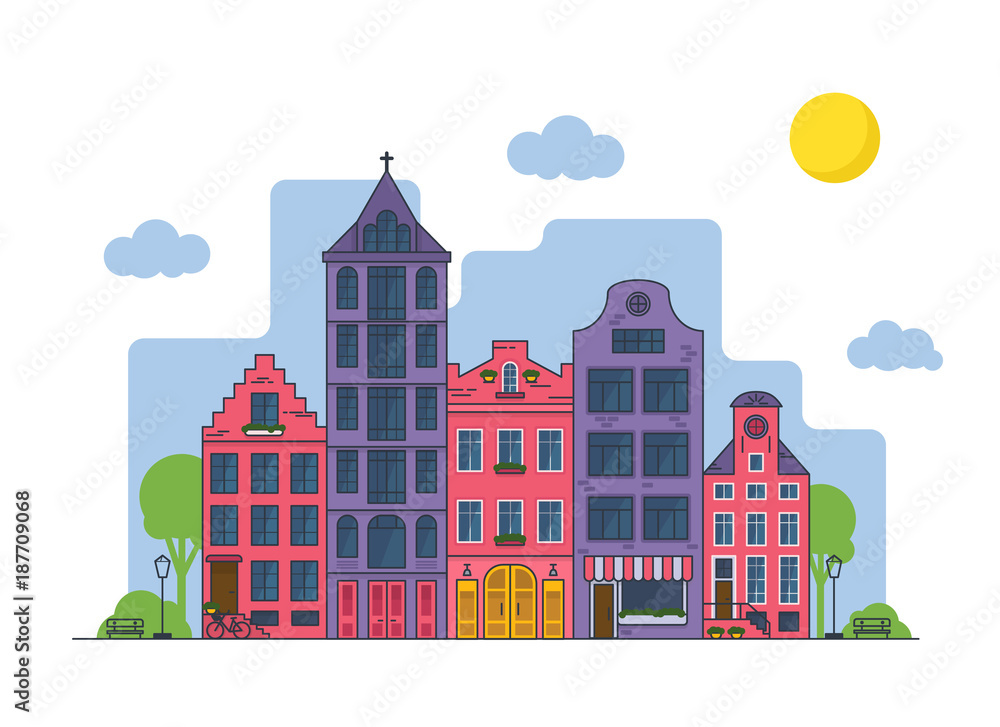 Amsterdam cityscape at sunny day. Old houses with church and cafe