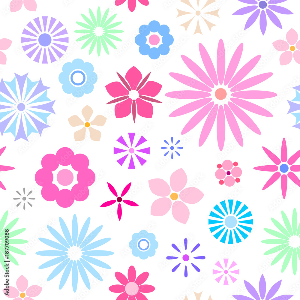 Seamless floral pattern for your spring design. Cute flat flowers isolated on white background. Vector illustration