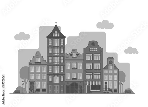 Photography Amsterdam cityscape. Old houses with church and cafe