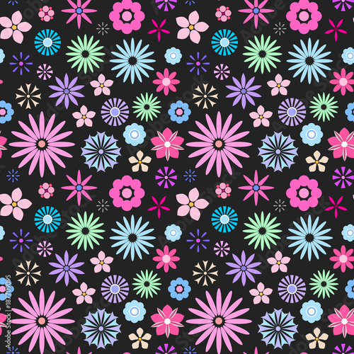 Wallpaper Mural Seamless floral pattern for your print textile design. Cute flat flowers isolated on black background. Vector illustration Torontodigital.ca