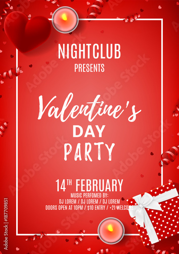 Red Flyer for Happy Valentine's Day Party. Top view on gift box and case for ring on Red Background. Vector illustration with candles and confetti. Invitation to nightclub.