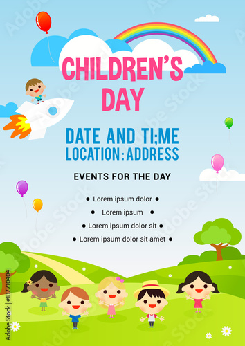 Children's day Poster invitation vector illustration. Kids playing in spring field