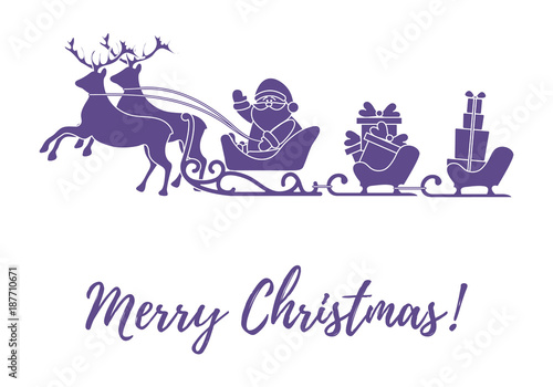 Santa Claus with Christmas presents in sleighs with reindeers. New Year and Christmas illustration.