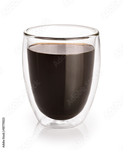 Photography Hot coffee in a glass with double walls isolated on a white background