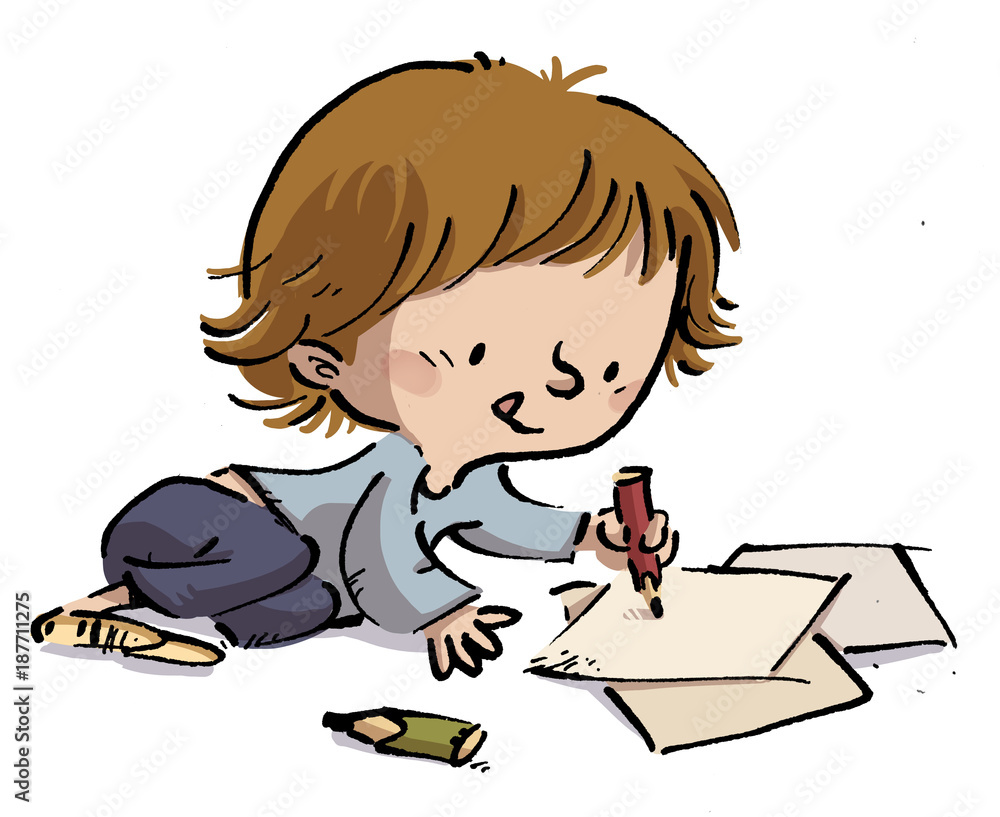 niña pequeña con lapiz y papel Stock Illustration | Adobe Stock