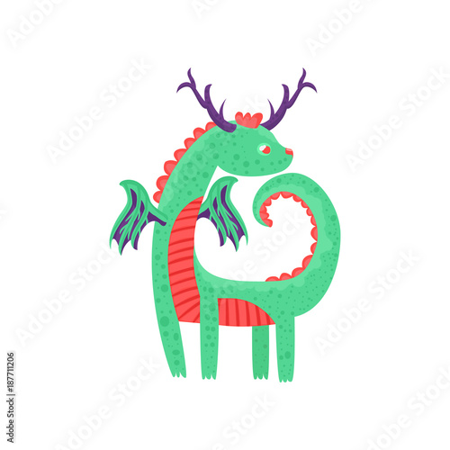 Cute horned baby dragon character  mythical animal  fantasy reptile vector Illustration