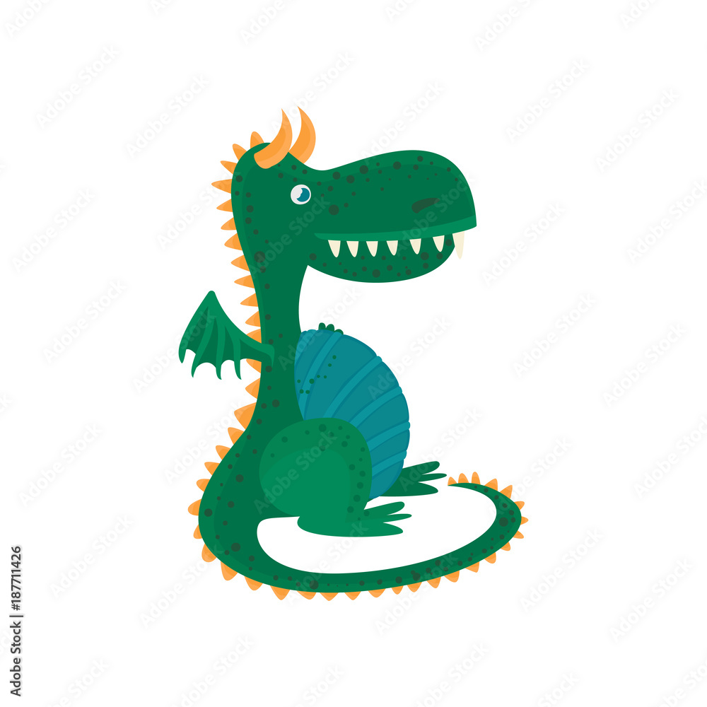 Naklejka premium Little green dragon cartoon character, mythical animal, fantasy reptile vector Illustration