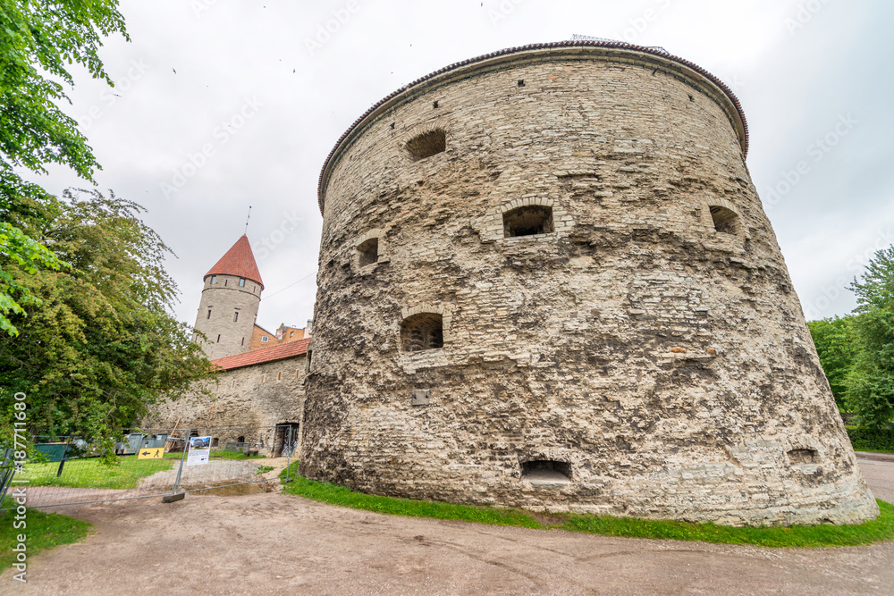 Watch tower Fat Margaret in Tallinn's old town. Maritime Museum. Empty street. Estonia