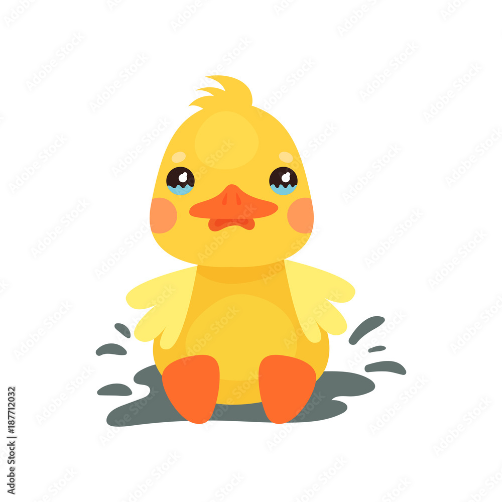 Cute little yellow duck chick character playing in a mud puddle cartoon vector Illustration Cute little yellow duck chick character playing in a mud puddle cartoon vector Illustration