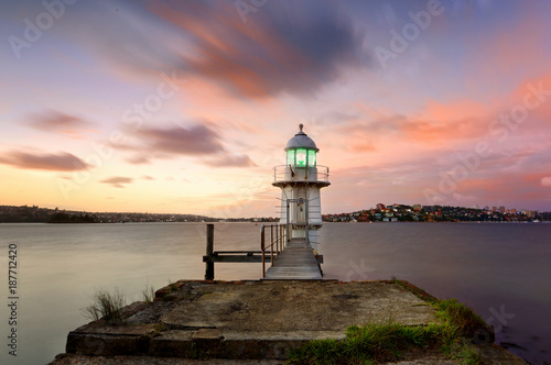 Bradleys Head Lighthouse in Sydney Harbour foreshore  a beacon until the sun rises.