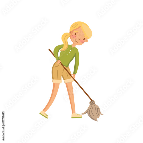 Young woman in casual clothing cleaning the floor with a mop, housewife in housework activity cartoon vector Illustration