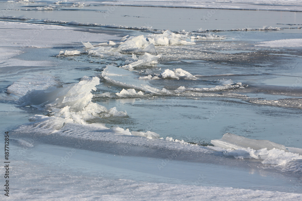 Cracks with ice crystals on frozen river , Ob reservoir, Siberia, Russia Cracks with ice crystals on frozen river , Ob reservoir, Siberia, Russia
