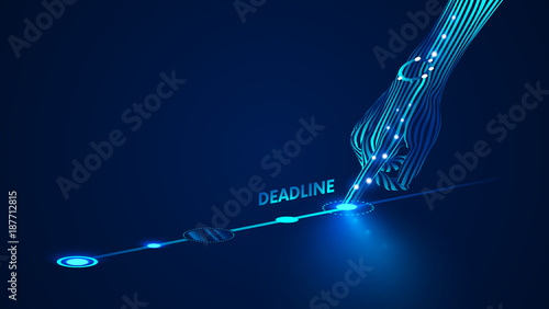 Timeline design template. Deadlines of Presentation. Business infographics in style electronics or industry developers. Hand with smart watch indicates on workflow layout. Timeline with round marks.