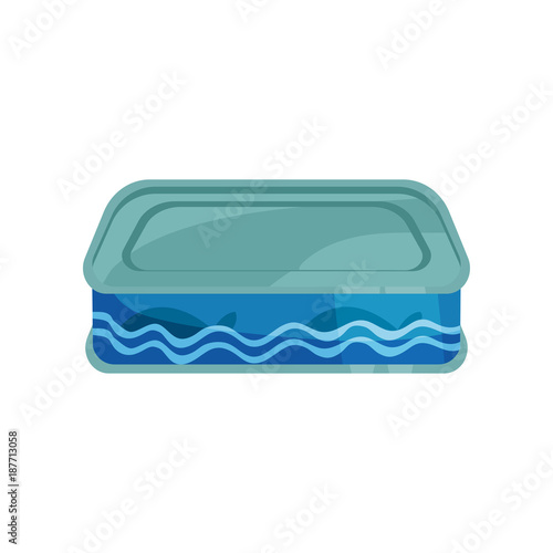 Canned fish, tinned food in metal container cartoon vector Illustration