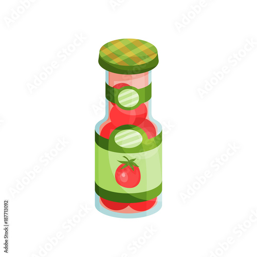 Glass jar with pickled tomatoes, canned vegetables cartoon vector Illustration