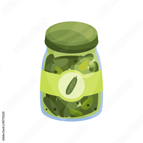 Glass jar with pickled cucmbers, canned vegetables cartoon vector Illustration