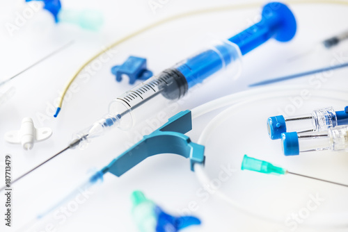 Close up image of syringe ,needle and central venous pressure catheter measurement kit photo