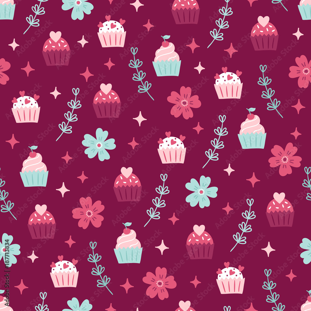 St. Valentine's Day seamless pattern with cupcakes, branches, flowers, stars St. Valentine's Day seamless pattern with cupcakes, branches, flowers, stars