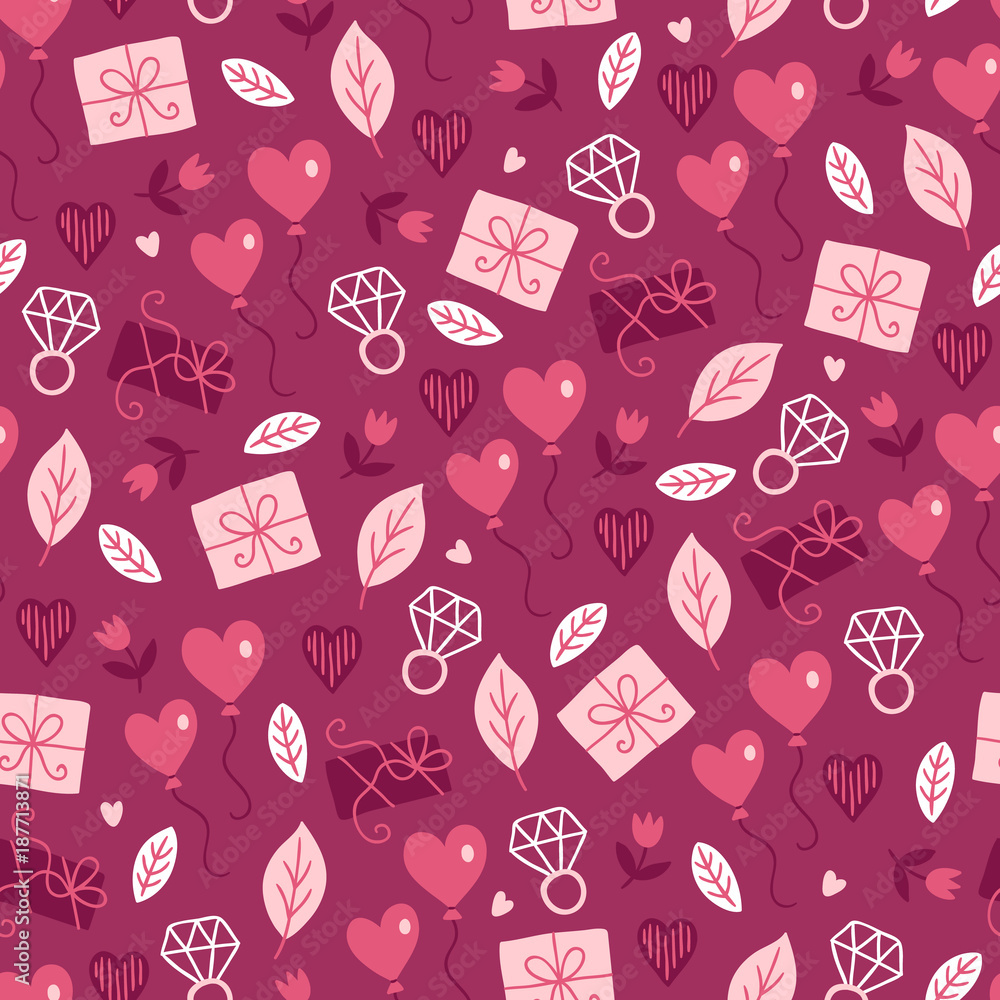 St. Valentine's Day seamless pattern with gift, diamond ring, balloons St. Valentine's Day seamless pattern with gift, diamond ring, balloons