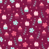 St. Valentine's Day seamless pattern with cupcakes, branches, flowers, stars