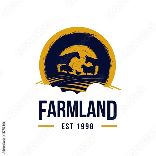 Livestock Farm Land Logo with silhouette of animals horse, chicken, pig, donkey, sheep