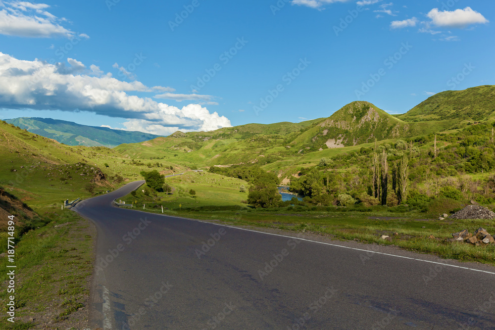 Fototapeta premium Road on the background of green meadows, mountains and sky. Road in the background of green meadows.journey to Georgia