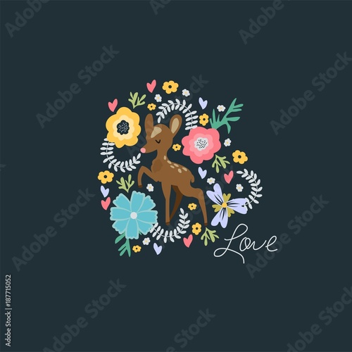 Cute cartoon illustration with deer and flowers. Beautiful inscription "Love". Vector greeting card.
