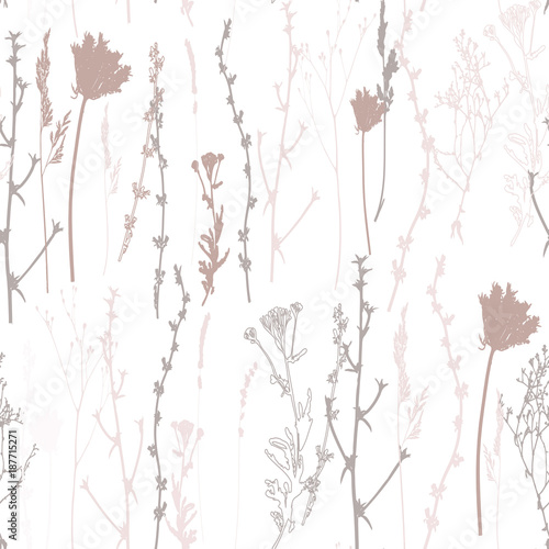 Meadow grasses, herbs and flowers outlines vector seamless pattern.