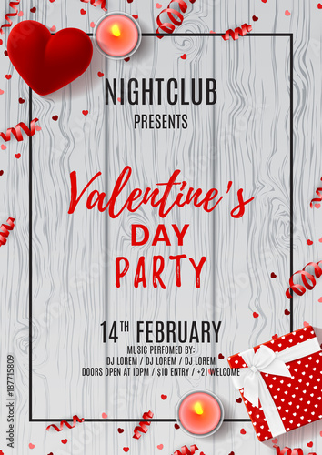Happy Valentine's Day Party Flyer. Top view on gift box and case for ring on Wooden Texture. Vector illustration with candles and confetti. Invitation to nightclub.