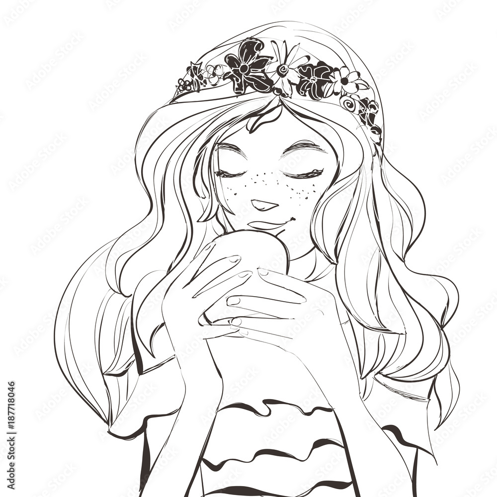 Vector beautiful young woman with freckles and flowers diadem on curly hair drinking tea ot coffee. Black on white illustration.