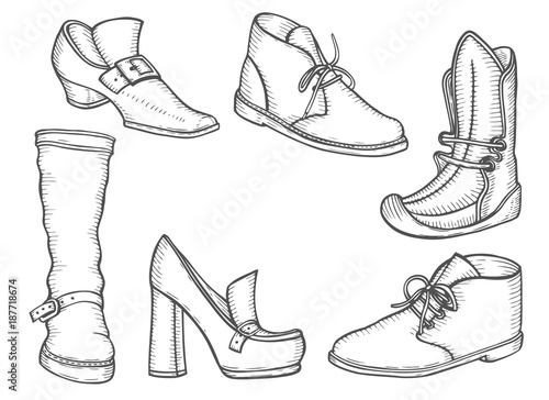 Men boot set illustration, Winter shoes in classic and sport style, drawing, engraving, ink, line art, vector
