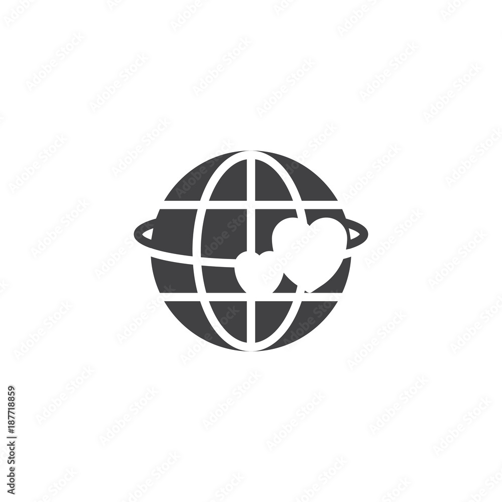 Globe with hearts icon vector, filled flat sign, solid pictogram isolated on white. Symbol, logo illustration. Globe with hearts icon vector, filled flat sign, solid pictogram isolated on white. Symbol, logo illustration.