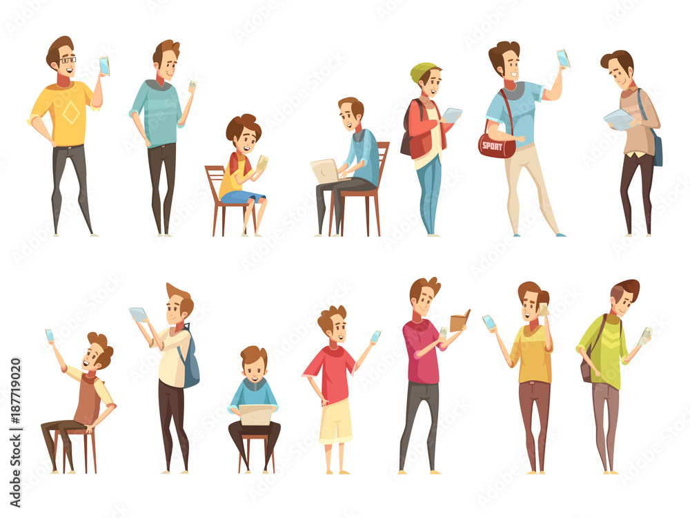 Teenagers Retro Cartoon Icons Set Teenagers Retro Cartoon Icons Set