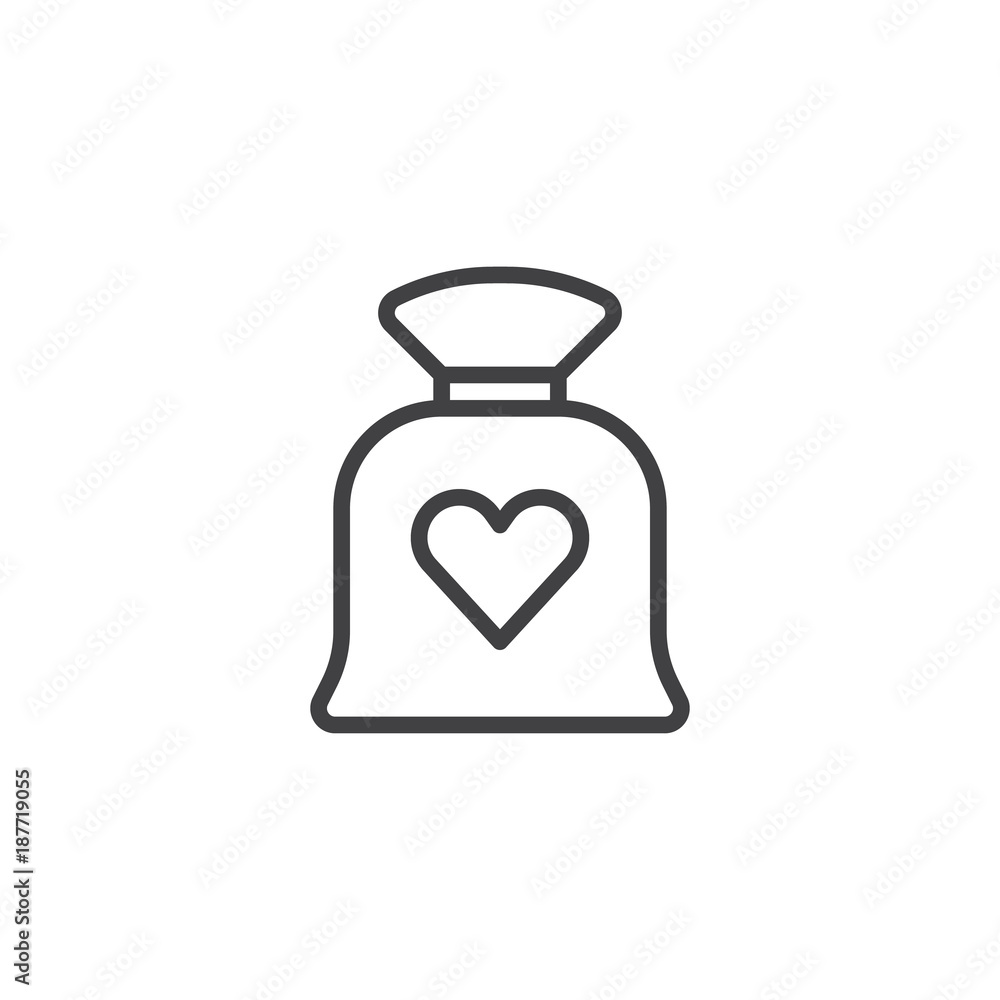 Obraz premium Love bag with heart line icon, outline vector sign, linear style pictogram isolated on white. Valentines day symbol, logo illustration. Editable stroke